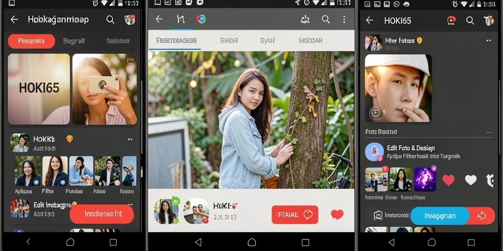 Antarmuka aplikasi HOKI65 dengan berbagai pilihan filter Instagram.