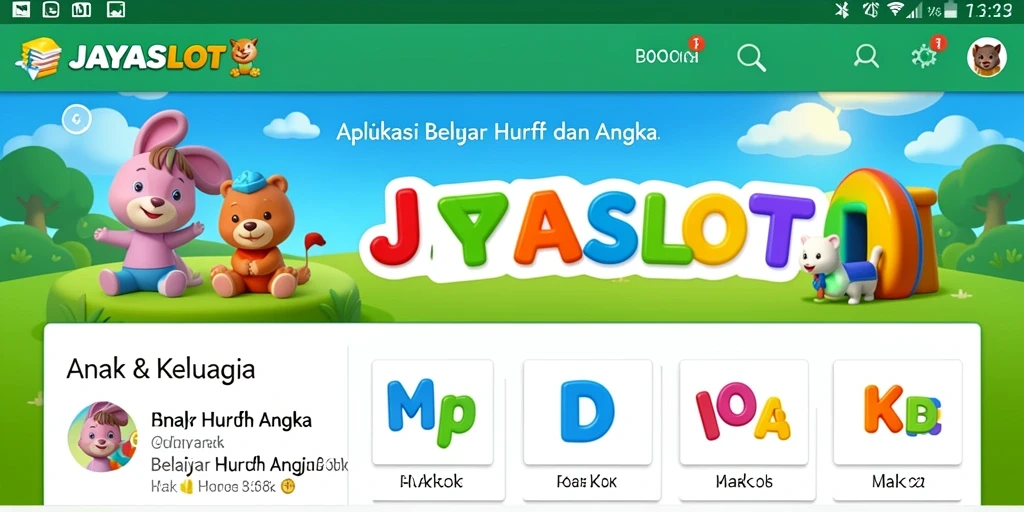 Antarmuka aplikasi JAYASLOT yang menarik untuk belajar huruf dan angka.