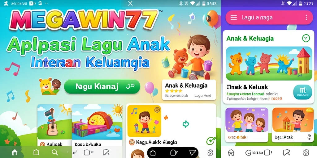 Antarmuka aplikasi MEGAWIN777 dengan pilihan lagu anak yang menarik.
